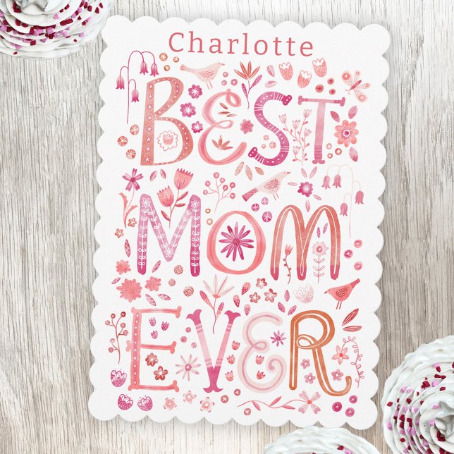 Meilleure carte de jour de mère personnalisée (Best Mom Ever personalized name Mother's Day card with watercolor hand lettering)