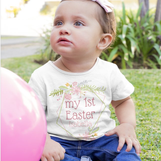 Mein 1. Oster Schöne rosa Blüte Personalisiert Baby T-shirt (Von Creator hochgeladen)