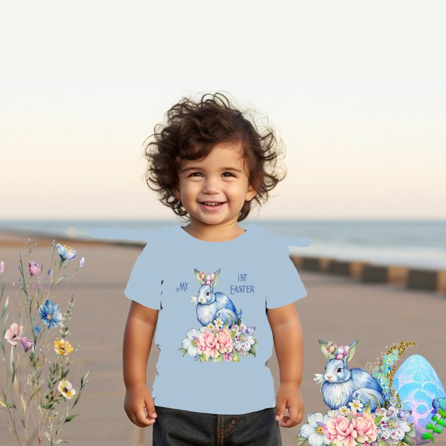 Mein 1. Osterblütenreath Blauer Rabbit Pink Blüte Kleinkind T-shirt (My 1st Easter Floral Wreath Blue Rabbit Pink Bloom Toddler T-shirt)