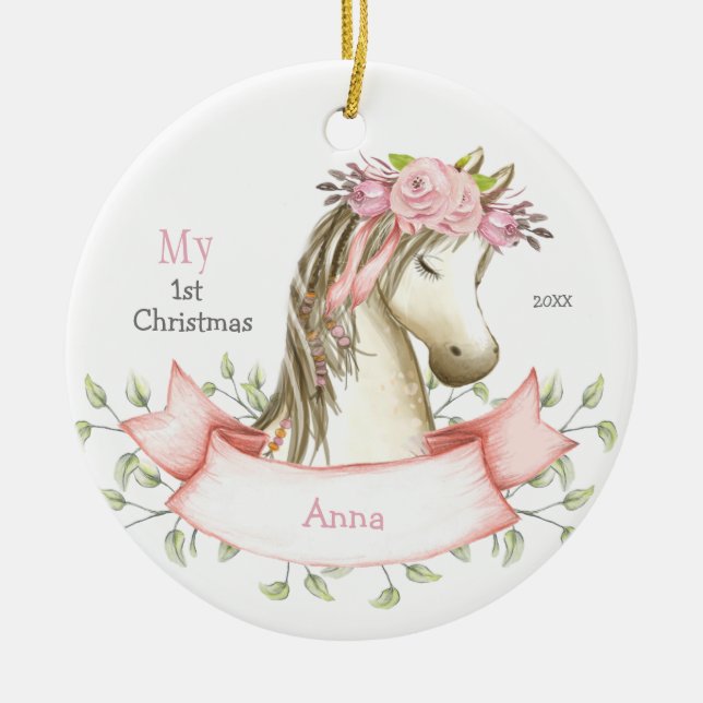 Mein 1. Weihnachts-Boho Pony Name Pink Keramik Ornament (Vorne)