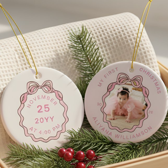 Mein 1. Weihnachts Pink Bow Baby Foto Keepake Keramik Ornament (Von Creator hochgeladen)