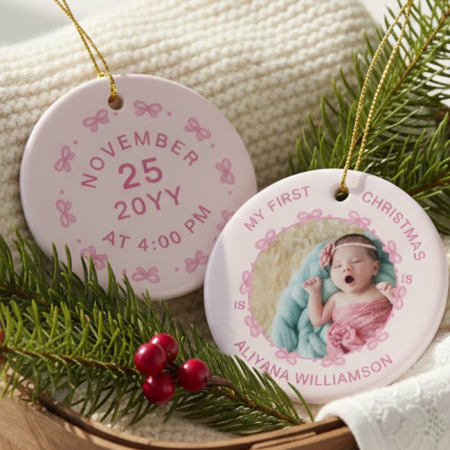 Mein 1. Weihnachts Pink Bow Baby Foto Keepake Keramik Ornament (Von Creator hochgeladen)