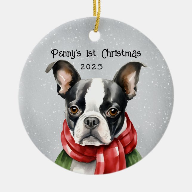 Mein 1. Weihnachtsfest in Boston Terrier Keramik Ornament (Vorne)