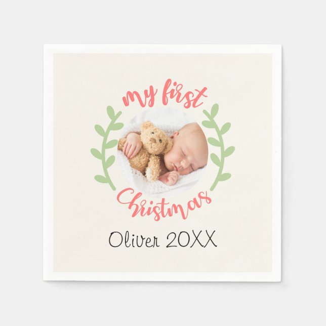 Mein 1. Weihnachtsjunge Name FOTO Wreath Holiday Serviette (Vorderseite)