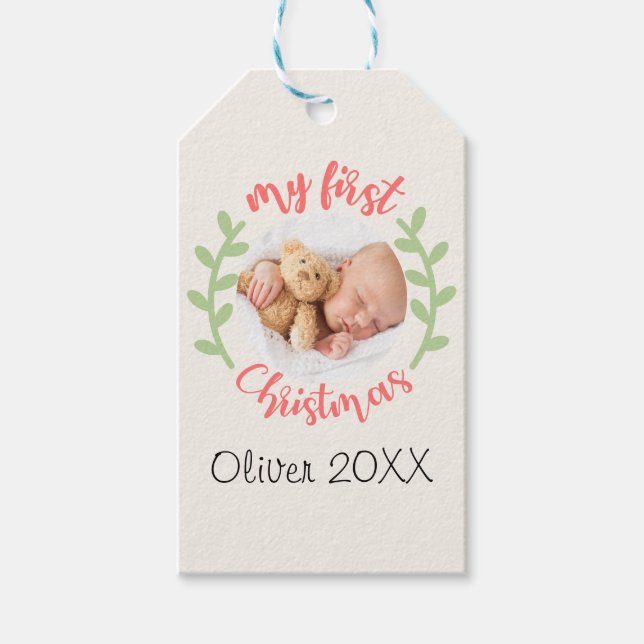 Mein 1. Weihnachtsnachtsname FOTO Wreath Geschenke Geschenkanhänger (Vorderseite)