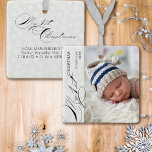 Mein 1. Weihnachtsskript Vertikales Foto Snowflake Keramikornament<br><div class="desc">Mein erstes Weihnachtsschmuck mit senkrechten Fotos, eleganter Kalligraphie und zarten weißen Schneeflocken an einem silbergrauen Rand. Die Fotovorlage steht Ihnen zur Verfügung, um Ihr Foto, den Namen des Babys, das Jahr und Ihren eigenen Text auf der Rückseite hinzuzufügen. Mit Ausnahme des handgeschriebenen Textes, der für mein erstes Weihnachtsfest verwendet wird,...</div>