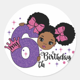 Mein 6. Geburtstagskind Afro Hair Pink Glitzer Bow Runder Aufkleber