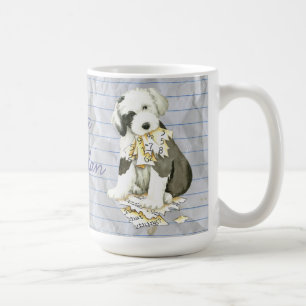 Mein alter englischer Sheepdog hat meinen Lektions Kaffeetasse