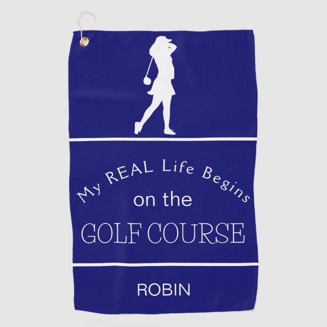 Mein echtes Leben beginnt auf dem Golfplatz Lila Golfhandtuch (Vorderseite)