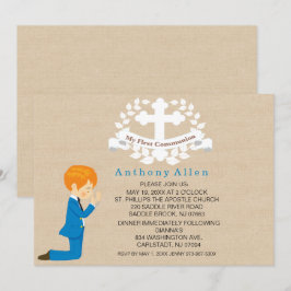 Mein erster heiliger Kommunion Junge kniet Einladu Einladung