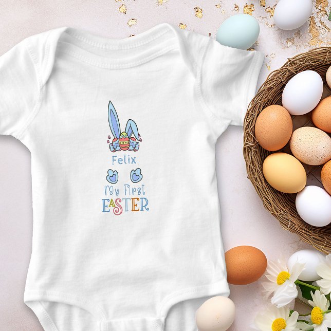 Mein erster Osterblauer Bunny Ohren und Eier Junge Baby Strampler (Personalized Bodysuit for Baby's First Easter)