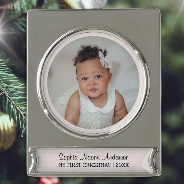 Mein erster Weihnachts-Foto Name Niedlich Pink Banner-Ornament Silber (A cute banner ornament for baby's 1st Christmas, personalized with photo, name and year number)