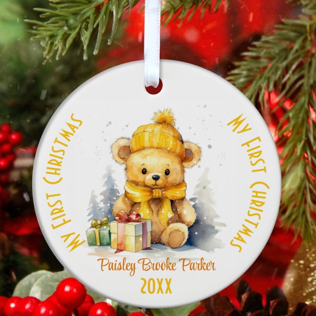 Mein erster Weihnachts-Individuelle Name Gelbbbär Keramik Ornament (Von Creator hochgeladen)