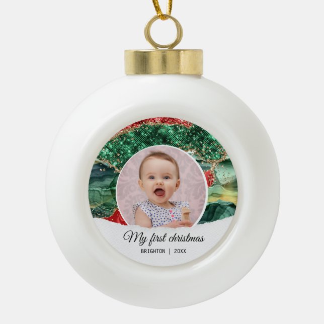 Mein erster Weihnachtsfest-Glitzer Keramik Kugel-Ornament (Vorderseite)