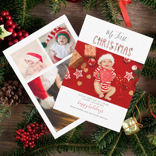 Mein erster Weihnachtskinderurlaub im Foto Mitteilungskarte (Baby First Christmas Photo Collage Announcement Card)