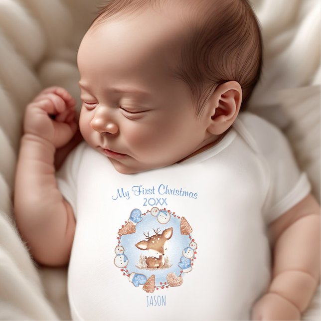 Mein erster Weihnachtsmann Individuelle Name Blue  Baby Strampler (My First Christmas Deer Custom Name Blue Boy Baby Bodysuit)