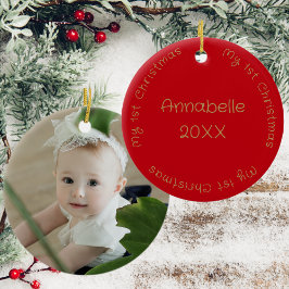 Mein erster Weihnachtsname und Foto rot und goldfa Keramik Ornament