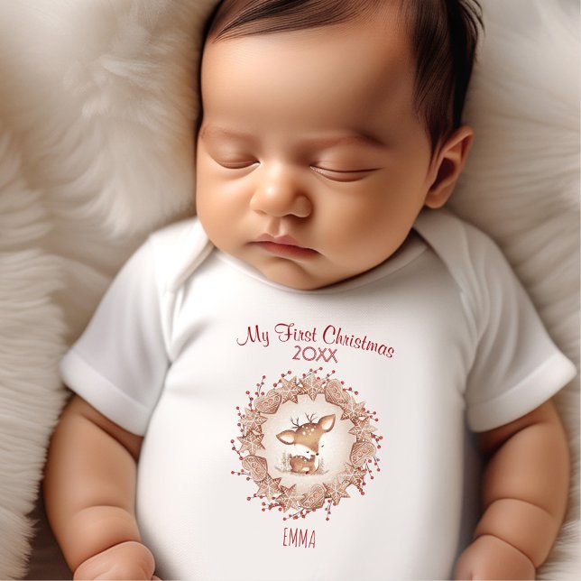 Mein erster Weihnachtswildbeige-Neutral Baby Strampler (My First Christmas Deer Custom Name Beige Neutral Baby Bodysuit)