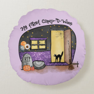 Mein erstes Camp-O-Ween Halloween-Camping Rundes Kissen