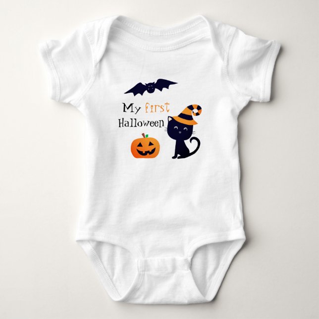 Mein erstes Halloween Kürbiskatze mit Hexenhut Baby Strampler (Vorderseite)