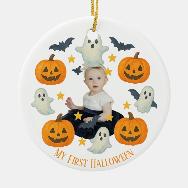 Mein erstes Halloween | Niedlicher Pumpkin & Ghost Keramik Ornament (Vorne)