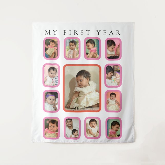 Mein erstes Jahr 12 Monate Baby Foto Collage Wandteppich (Vorderseite)