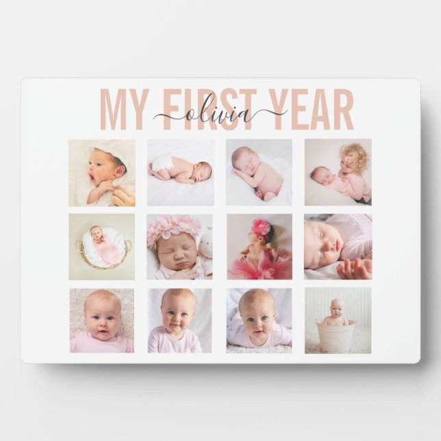 Mein erstes Jahr Baby Girl 12 Foto Collage Fotoplatte (Vorderseite)