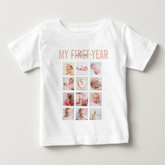 Mein erstes Jahr Baby Name 12 Foto Collage Baby T-shirt (Vorderseite)