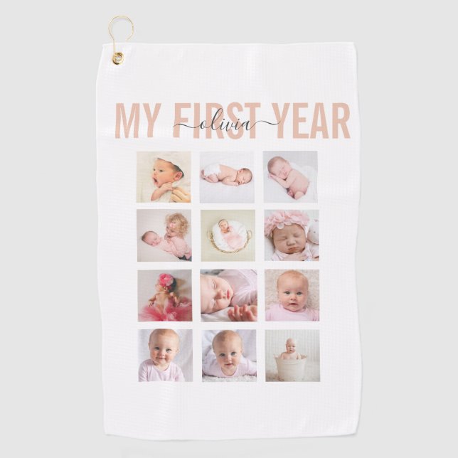 Mein erstes Jahr Baby Name 12 Foto Collage Golfhandtuch (Vorderseite)