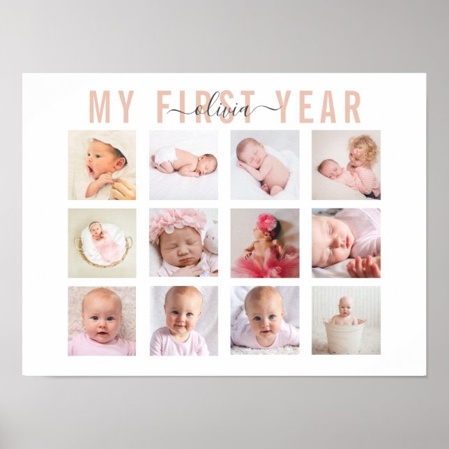 Mein erstes Jahr Baby Name 12 Foto Collage Poster (Vorne)