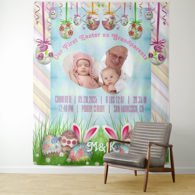 Mein erstes Ostern als Opa-Grandma-Baby-Pink-Foto Wandteppich (Beispiel)