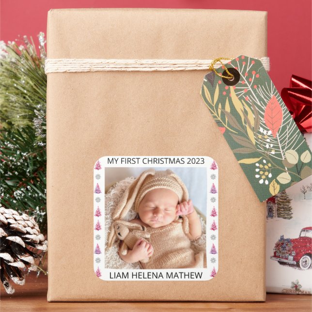 Mein erstes Personalisiertes Weihnachts-Elegant-Ba Quadratischer Aufkleber (Feiertag)