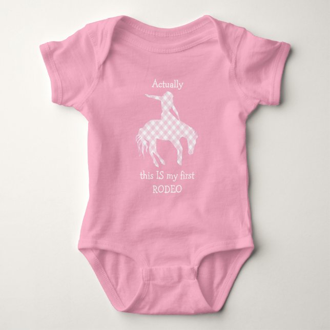 Mein erstes Rodeo-Rosa-Gingham-Muster Baby Strampler (Vorderseite)