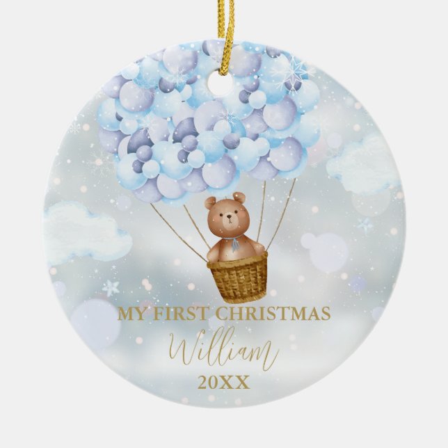 Mein erstes Teddy Bär Blue Balloons Foto Keramik Ornament (Vorne)