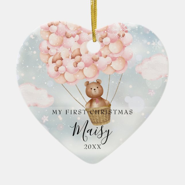 Mein erstes Teddy-Bär Pink Balloons-Foto Keramik Ornament (Vorne)