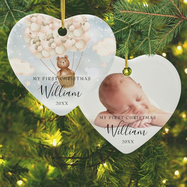 Mein erstes Teddy Bären Gold Balloons Foto Keramik Ornament (My First Christmas Teddy Bear Gold Balloons Photo Ceramic Ornament)