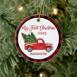Mein erstes Vintages Truck Baby Red Kariert Keramik Ornament