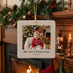 Mein erstes Weihnachten Babyfoto Beige Keramikornament