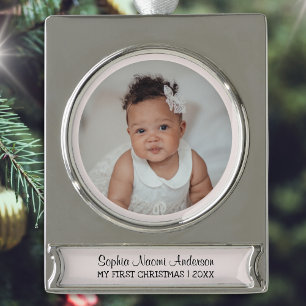 Mein erstes Weihnachten Benutzerdefinierter Foto-N Banner-Ornament Silber