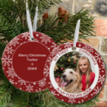 Mein erstes Weihnachten | Foto Red Snowflake Keram Keramik Ornament<br><div class="desc">Mein erstes Weihnachtsschmuck personalisiert mit Ihrem Foto und dem eigenen Text. Dieser Ferienschmuck ist rot und mit weißen Schneeflocken dekoriert. Es ist mit "meine ersten Weihnachten in meinem ewigen Zuhause" geschrieben und Sie können gerne "in meinem ewigen Zuhause" in den Text Ihrer Wahl editieren. Der Rücken hat mehr Schneeflocken und...</div>