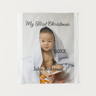 Mein erstes Weihnachten füge Babyname Datum Jahr F Wandteppich