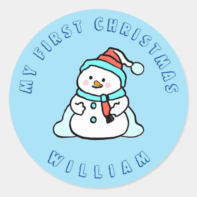 Mein erstes Weihnachten | Snowman Custom Blue Runder Aufkleber (Vorderseite)