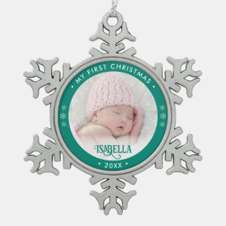 Mein erstes Weihnachts-Foto Green Schneeflocken Zinn-Ornament