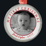 Mein erstes Weihnachts-Foto-Ornament-Sake Ornament Aus Metall<br><div class="desc">Passen Sie dieses Foto und Text mit Ihrer eigenen Nachricht für den Anlass an. Ein großartiger Sake für die ersten Weihnachten des Kindes; Klicken Sie auf "Anpassen",  um Schriftart,  Farben und Größen zu ändern. Text bleibt in kreisförmigem Bogen. (Foto von Becky Nimoy)</div>
