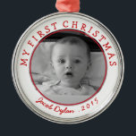 Mein erstes Weihnachts-Foto-Ornament-Sake Ornament Aus Metall<br><div class="desc">Passen Sie dieses Foto und Text mit Ihrer eigenen Nachricht für den Anlass an. Ein großartiger Sake für die ersten Weihnachten des Kindes; Klicken Sie auf "Anpassen",  um Schriftart,  Farben und Größen zu ändern. Text bleibt in kreisförmigem Bogen. (Foto von Becky Nimoy)</div>