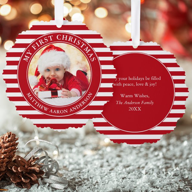 Mein erstes Weihnachts-Foto Rote Streifen Ornament Karte (A greeting card that is also an ornament! Customize with your photo and personalized text.)