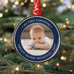 Mein erstes Weihnachts-Modernes Baby-Foto Navy & W Ornament Aus Metall<br><div class="desc">Feiern Sie die Freuden Ihres neuesten Familienmitglieds mit einem navy-blue und white Custom Foto neuen Baby Boy rund um Metall-Ornament. Aufnahme und Bild auf dieser Vorlage sind einfach zu personalisieren. "Mein erstes Weihnachtsangebot" ist leicht zu ändern, falls es für einen anderen Anlass benötigt wird. (IMAGE & TEXT DESIGN TIPS: 1)...</div>