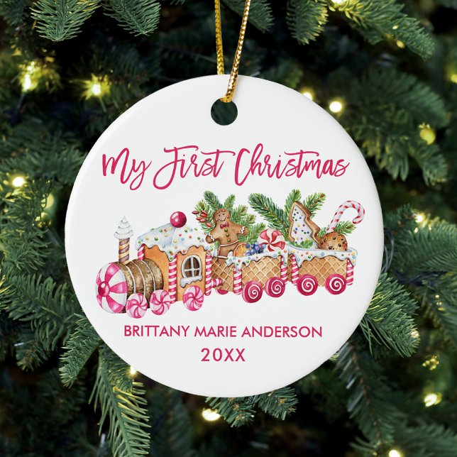 Mein erstes Weihnachts-Pink-Lebkuchen-Train Baby Keramik Ornament (Baby's First Christmas Candy Cane Train Ornament)