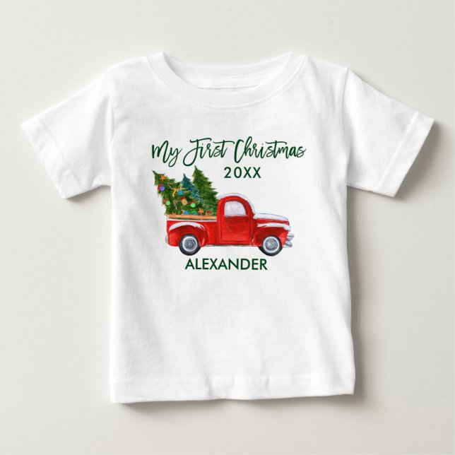 Mein erstes Weihnachts Red Truck Green Script Baby T-shirt (Vorderseite)
