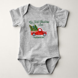 Mein erstes Weihnachts Red Truck Green Script Grau Baby Strampler